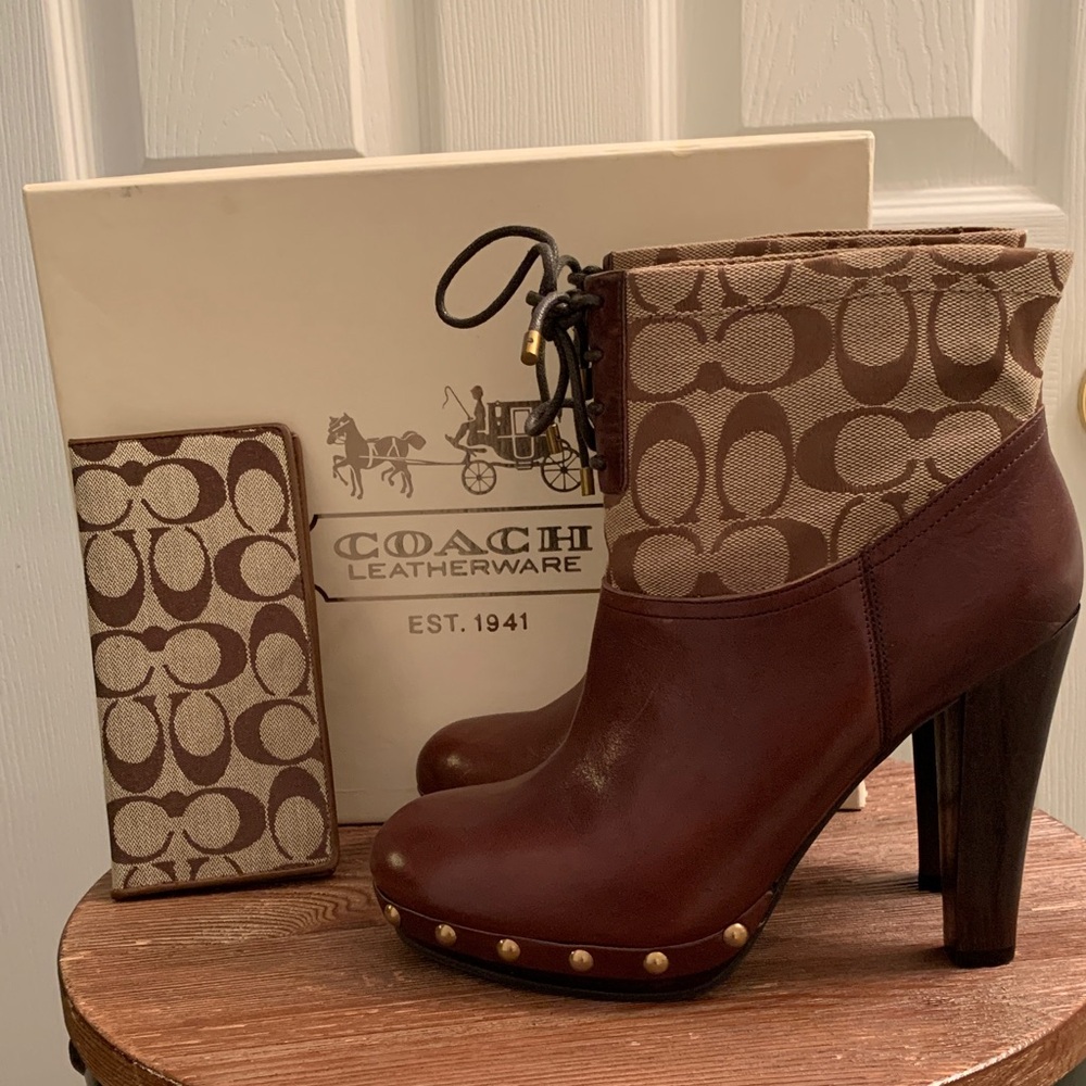 Coach Brown and Tan Leather Boots With Check Book Wallet